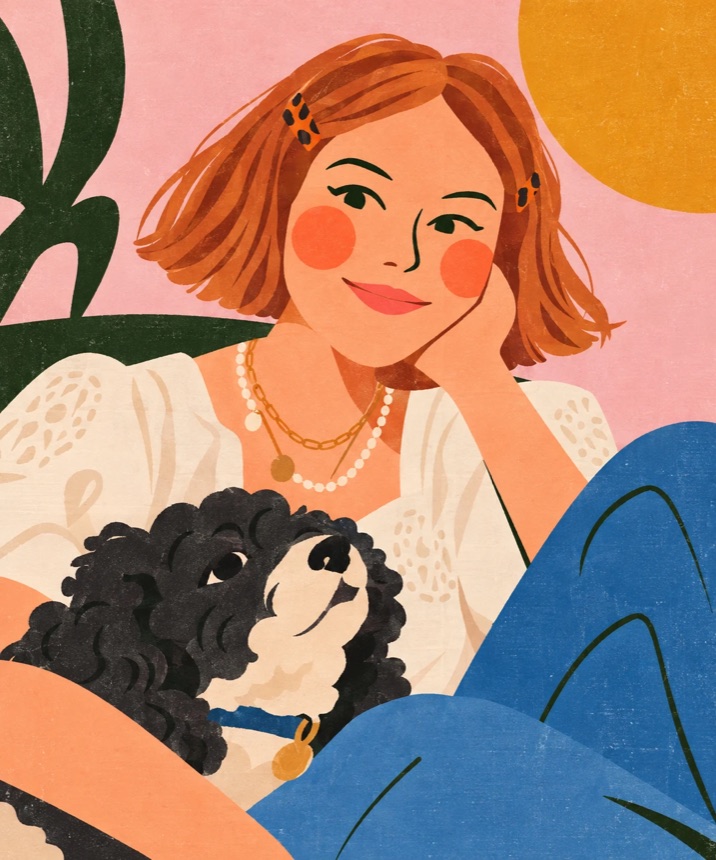 Illustration of Rebecca resting her chin on her hand, cuddling her black-and-white curly dog